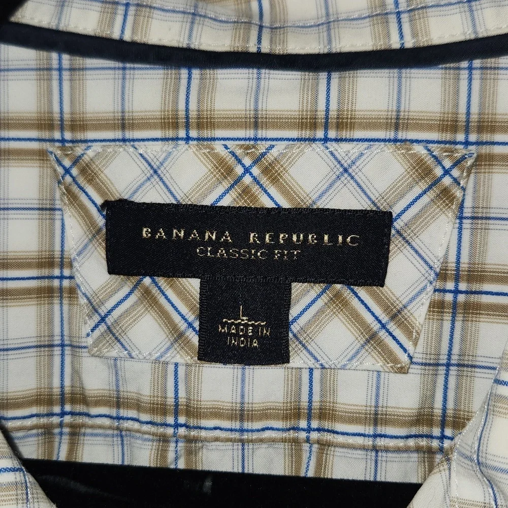 Banana Republic Classic Fit Mens tan Plaid Shirt Large Button Down Long Sleev